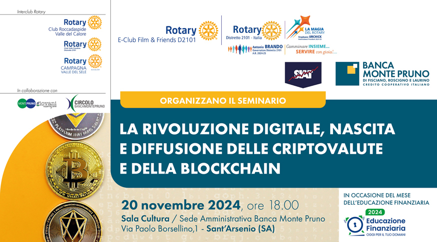 Seminario sulle criptovalute e blockchain organizzato dalla Banca Monte Pruno, Siat e Rotary E-Club Film & Friends