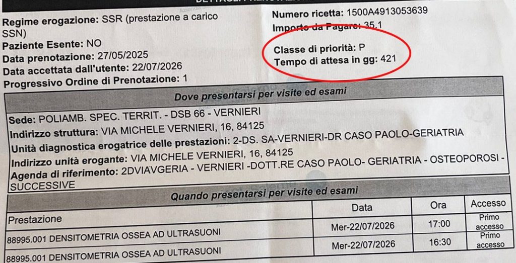 Asl Salerno, osteoporosi: 421 giorni per una visita