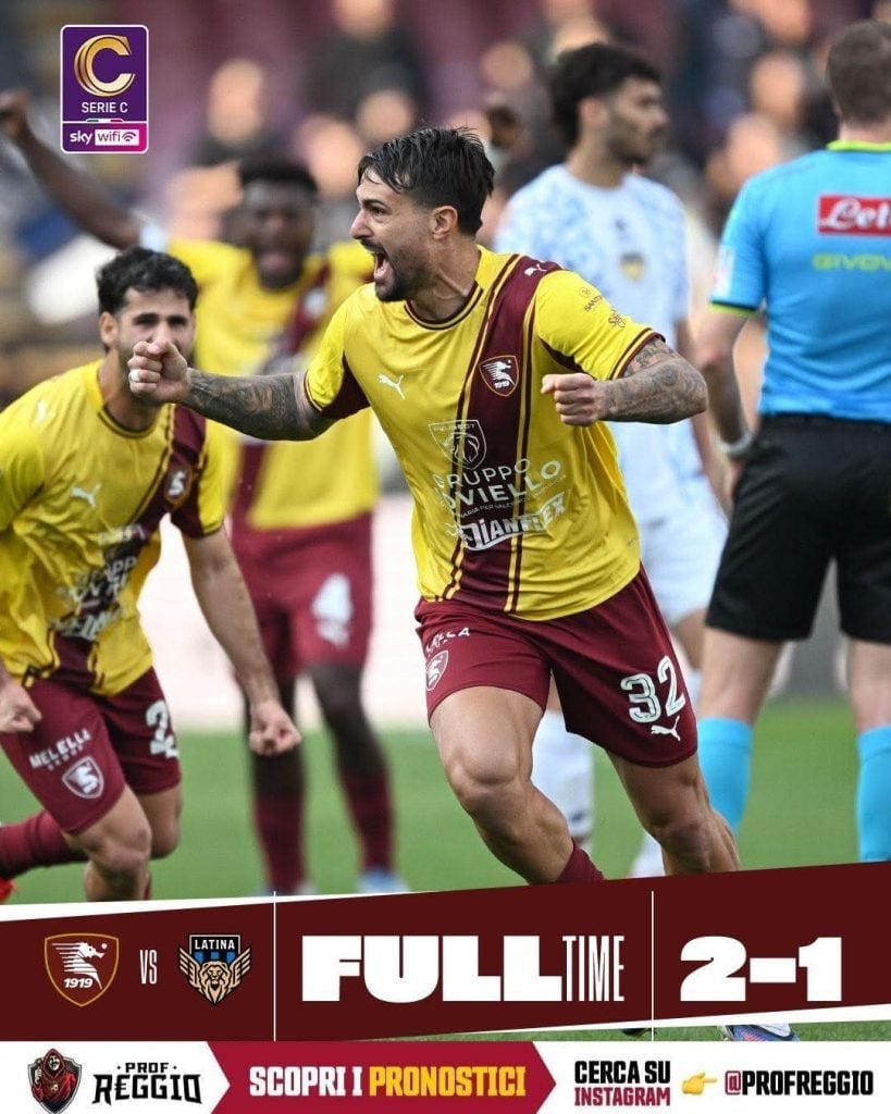 Salernitana, vittoria tutto cuore: piegato il Latina in nove uomini